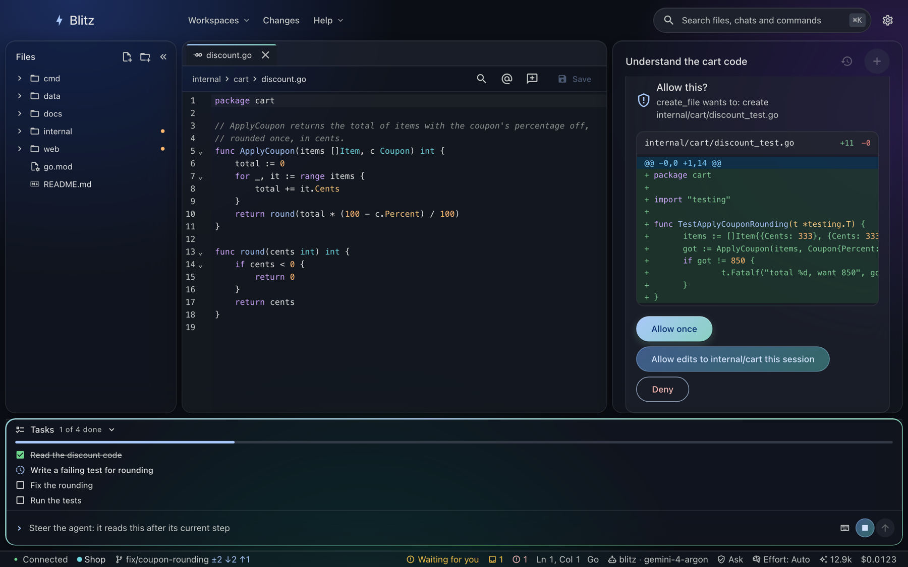 The desktop app: the workspace’s files, an editor, and the chat with an approval and the agent’s task list